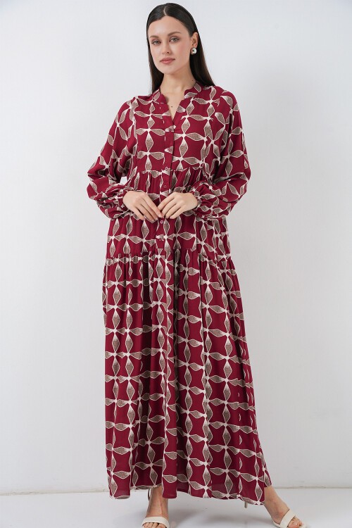 Kadın Desenli Uzun Tesettür Elbise 2585 - F.Bordo