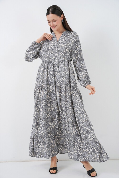 Kadın Desenli Uzun Tesettür Elbise 2585 - Gri