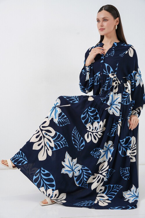 Kadın Desenli Uzun Tesettür Elbise 2585 - Lacivert 2