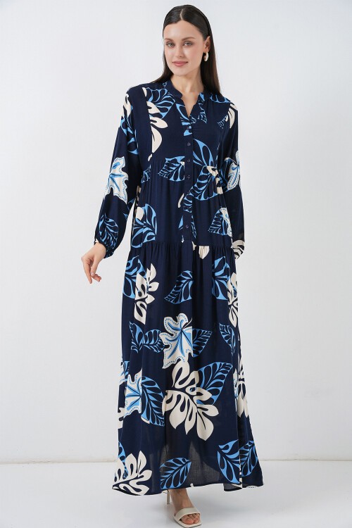 Kadın Desenli Uzun Tesettür Elbise 2585 - Lacivert 2