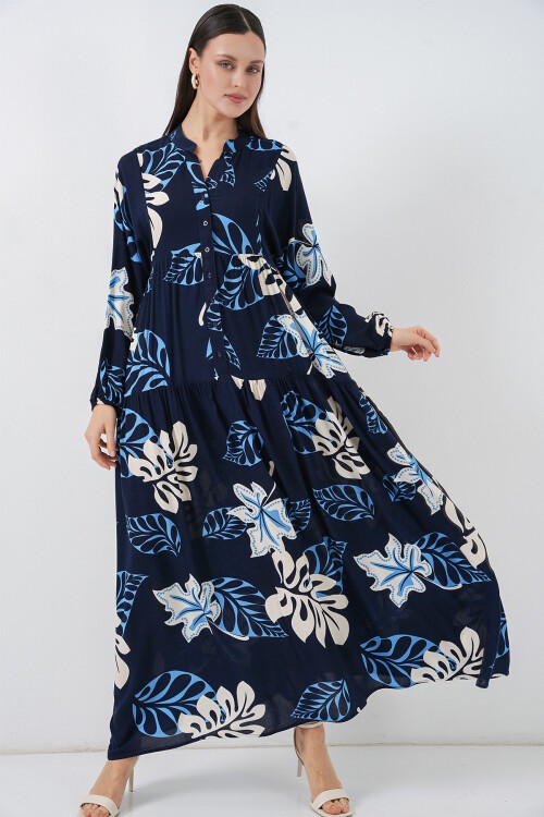 Kadın Desenli Uzun Tesettür Elbise 2585 - Lacivert 2