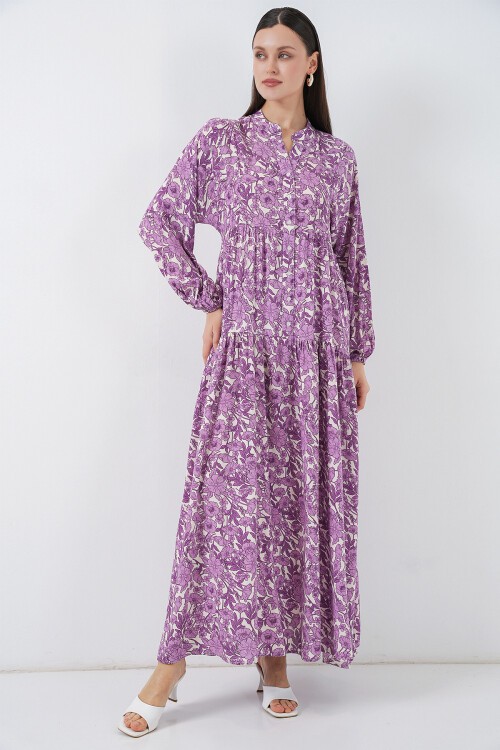 Kadın Desenli Uzun Tesettür Elbise 2585 - Lila
