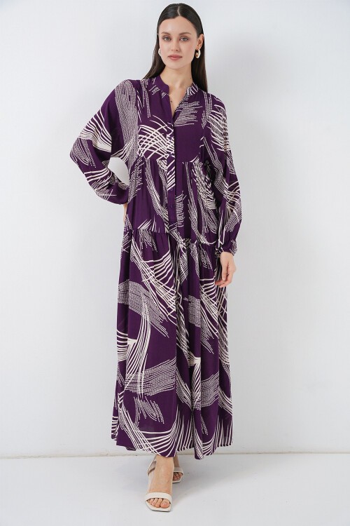 Kadın Desenli Uzun Tesettür Elbise 2585 - Mor