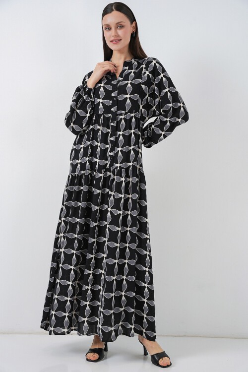 Kadın Desenli Uzun Tesettür Elbise 2585 - Siyah1