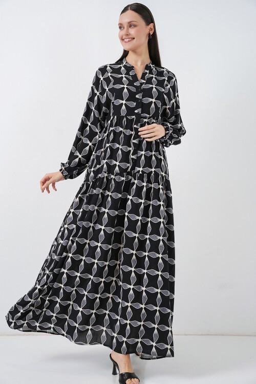 Kadın Desenli Uzun Tesettür Elbise 2585 - Siyah1