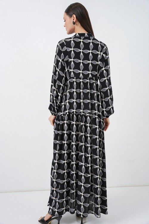 Kadın Desenli Uzun Tesettür Elbise 2585 - Siyah1