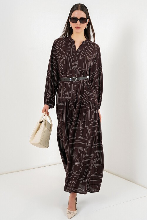 Kadın Desenli Uzun Tesettür Elbise 2585 - Y.Kahve