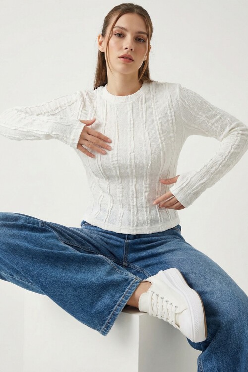 Kadın Dokulu Örme Bluz 980 - Beyaz