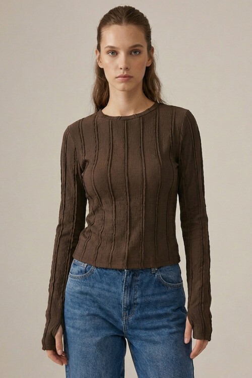 Kadın Dokulu Örme Bluz 980 - Kahverengi