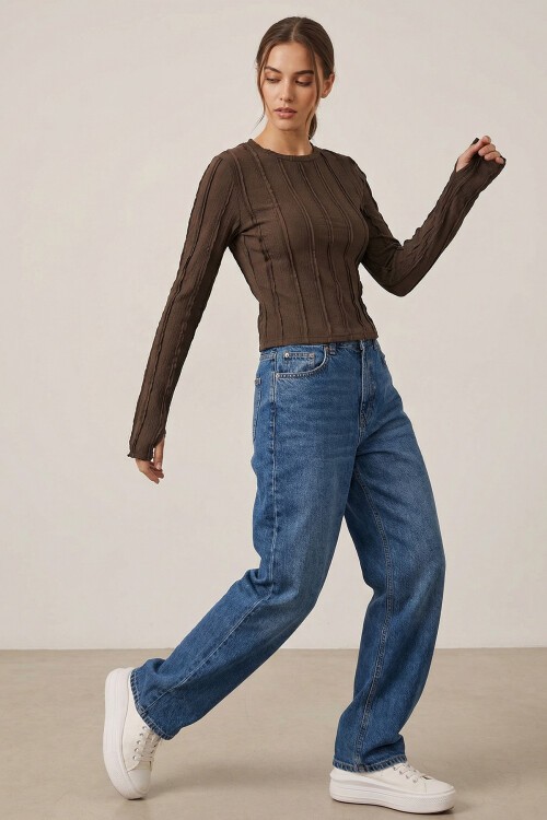 Kadın Dokulu Örme Bluz 980 - Kahverengi