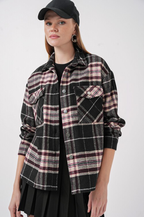 Kadın Ekose Desen Oversize Oduncu Gömlek 3854 - C.Siyah