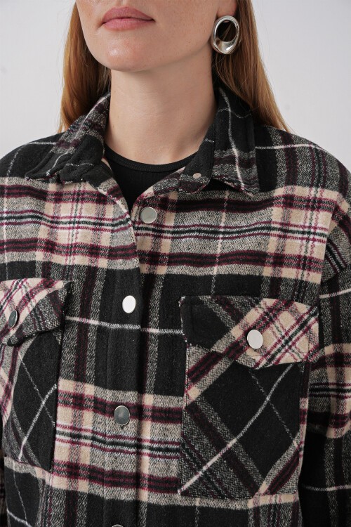 Kadın Ekose Desen Oversize Oduncu Gömlek 3854 - C.Siyah