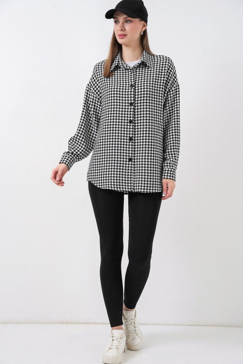 Kadın Ekose Desen Oversize Oduncu Gömlek 3854 - Siyah - Beyaz
