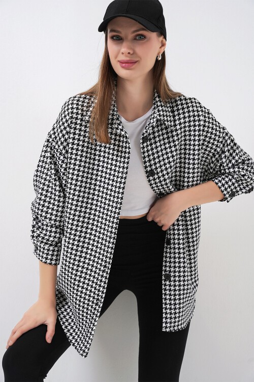 Kadın Ekose Desen Oversize Oduncu Gömlek 3854 - Siyah - Beyaz