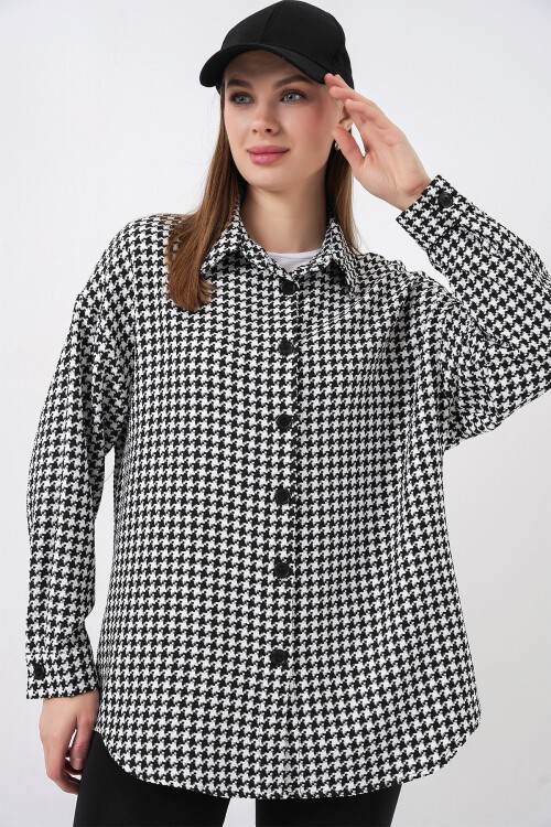 Kadın Ekose Desen Oversize Oduncu Gömlek 3854 - Siyah - Beyaz