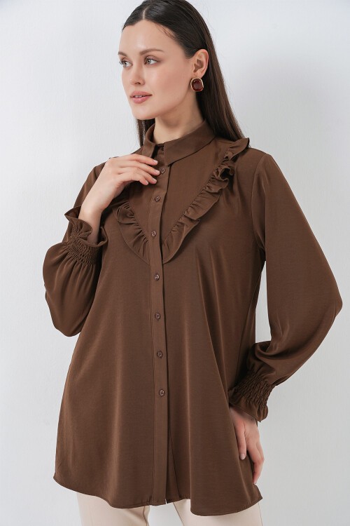 Kadın Fırfırlı Uzun Gömlek Tunik 5986 - Kahverengi
