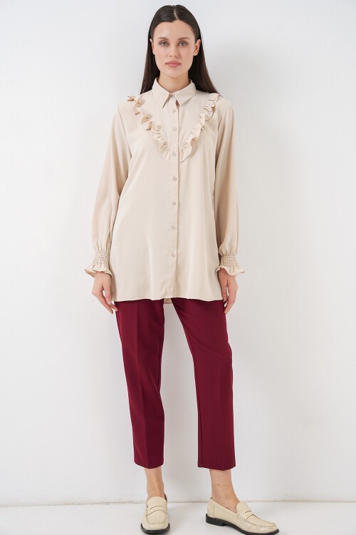 Kadın Fırfırlı Uzun Gömlek Tunik 5986 - Krem