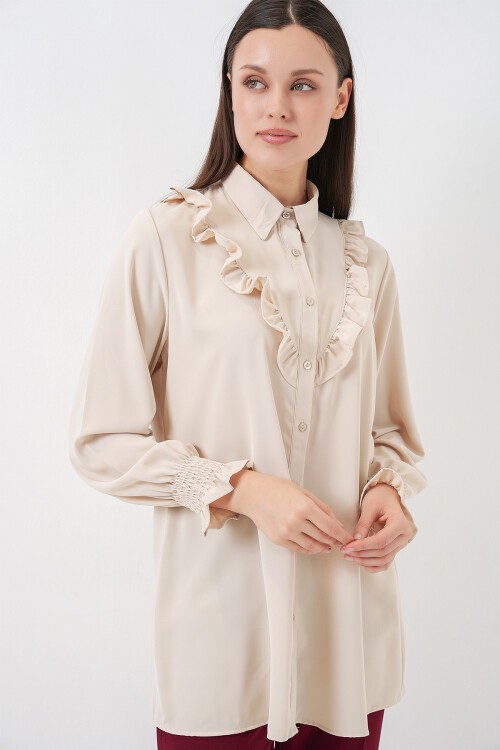 Kadın Fırfırlı Uzun Gömlek Tunik 5986 - Krem