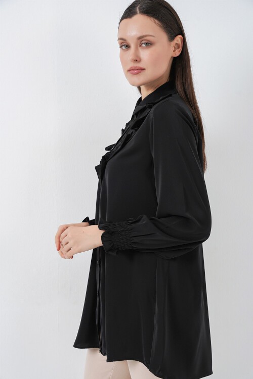 Kadın Fırfırlı Uzun Gömlek Tunik 5986 - Siyah