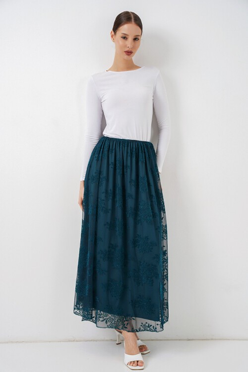 Kadın Flok Baskılı Uzun Tül Etek 8070 - Petrol