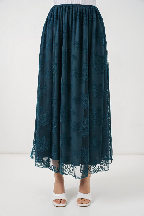 Kadın Flok Baskılı Uzun Tül Etek 8070 - Petrol