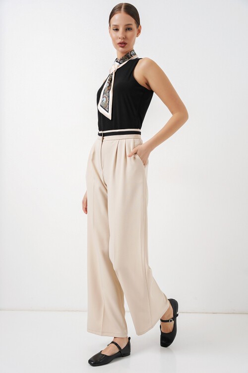 Kadın Geniş Paça Kumaş Pantolon 30088 - Krem