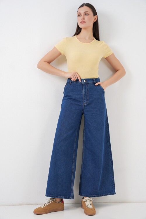 Kadın Geniş Paça Yüksek Bel Kot Pantolon 30080 - Mavi