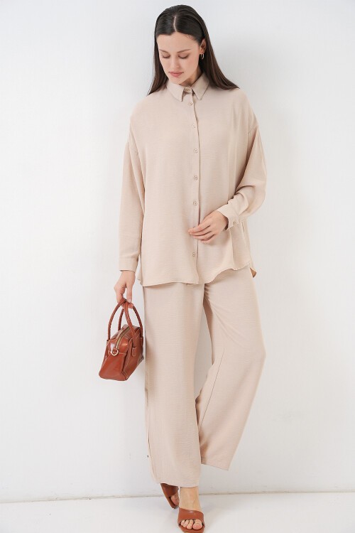 Kadın Gömlek Pantolon İkili Takım 30063 - Krem