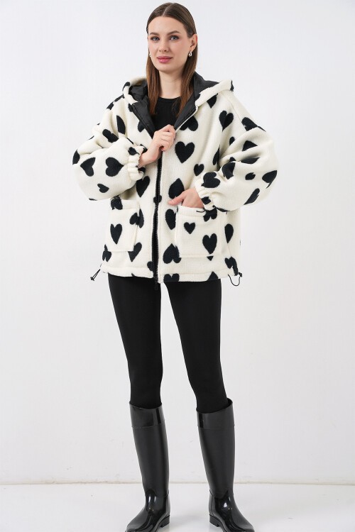 Kadın Kapüşonlu Peluş Ceket 5236 - Ekru