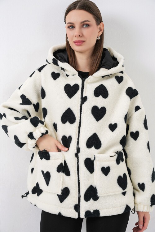 Kadın Kapüşonlu Peluş Ceket 5236 - Ekru