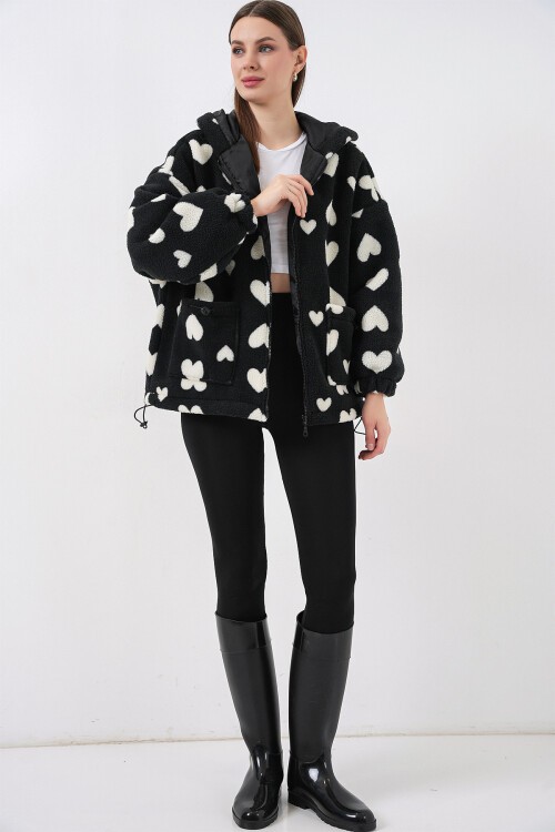 Kadın Kapüşonlu Peluş Ceket 5236 - Siyah