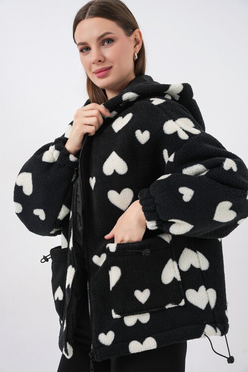 Kadın Kapüşonlu Peluş Ceket 5236 - Siyah