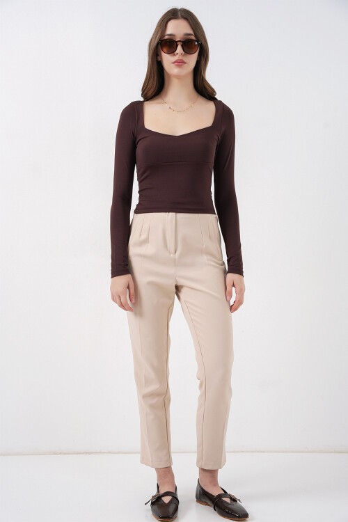 Kadın Kare Yaka Slim Fit Bluz 986 - Kahverengi