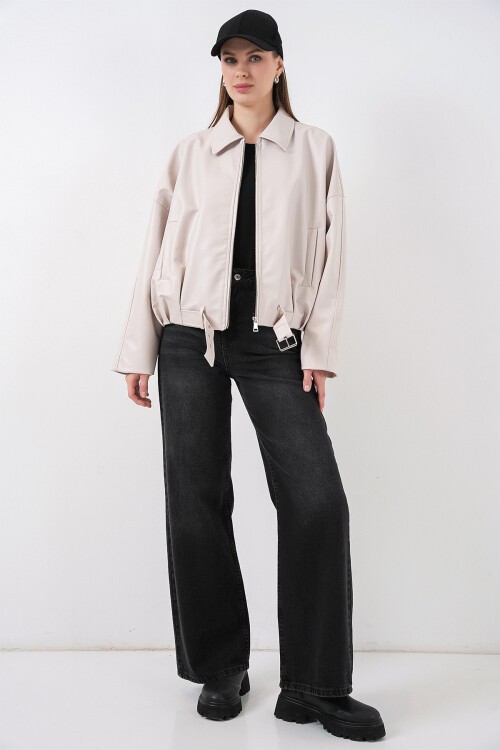 Kadın Kemer Detaylı Deri Ceket 1056 - Ekru