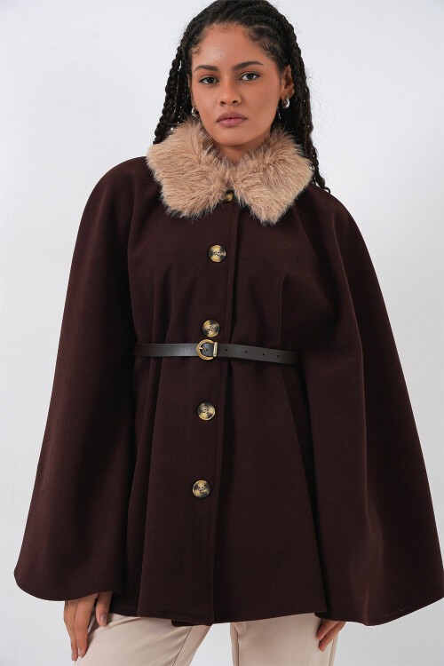 Kadın Kemerli Kaşe Panço 9165 - Kahverengi