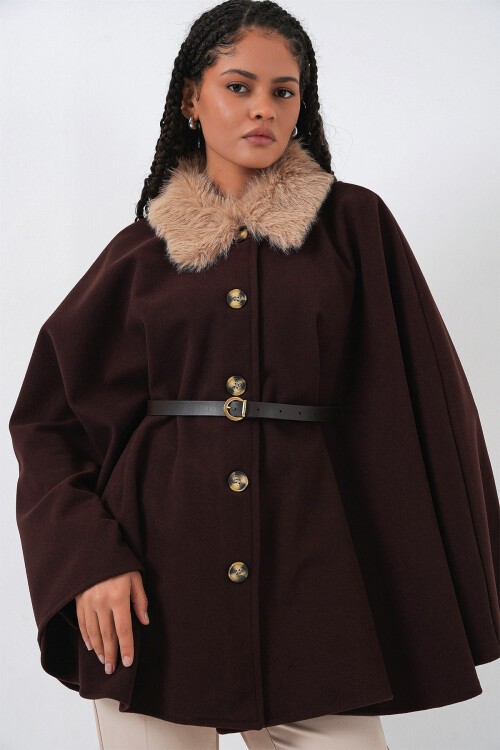 Kadın Kemerli Kaşe Panço 9165 - Kahverengi