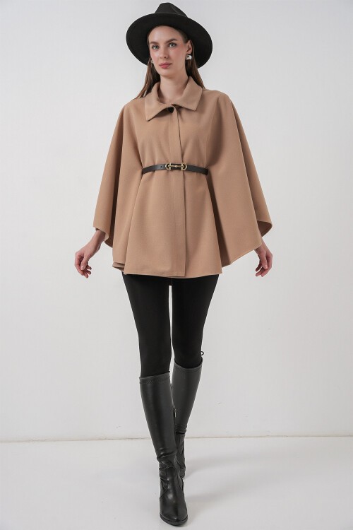 Kadın Kemerli Kaşe Panço 9170 - Camel