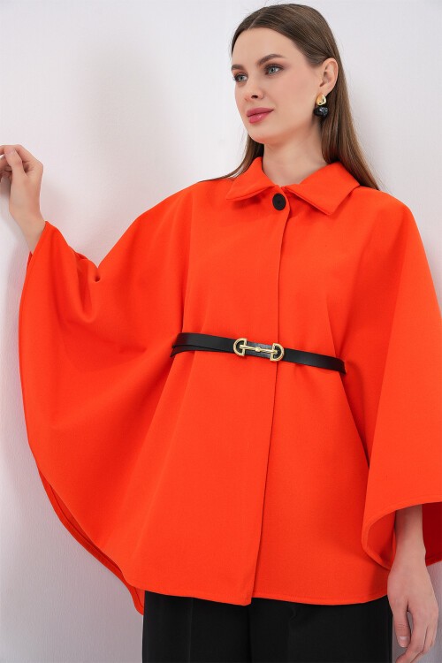 Kadın Kemerli Kaşe Panço 9170 - Turuncu