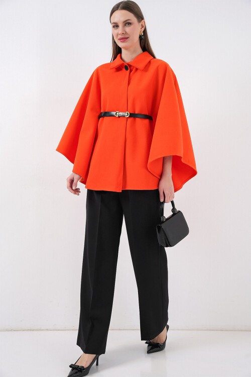 Kadın Kemerli Kaşe Panço 9170 - Turuncu