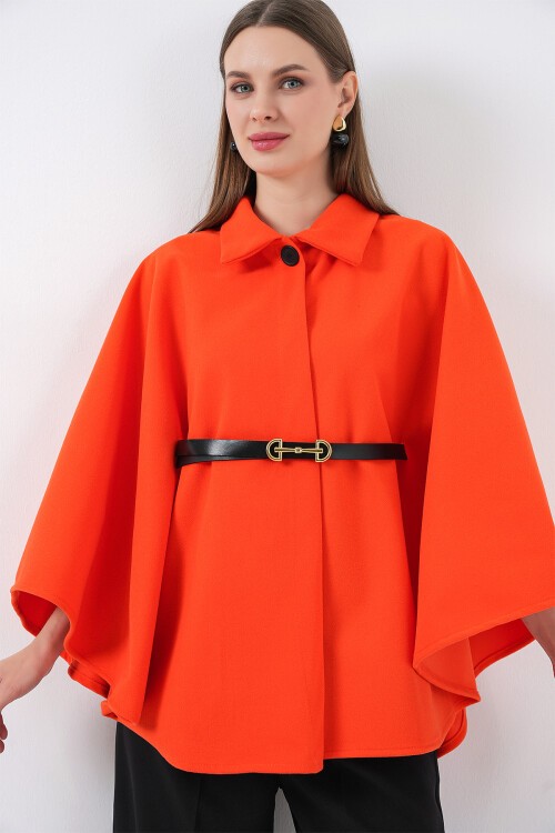 Kadın Kemerli Kaşe Panço 9170 - Turuncu