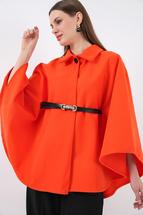 Kadın Kemerli Kaşe Panço 9170 - Turuncu