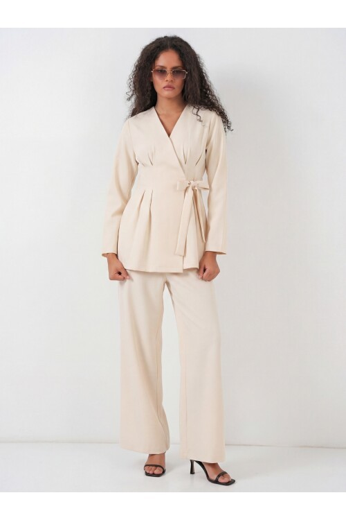 Kadın Kimono Pantolon Kumaş Takım 30054 - Bej