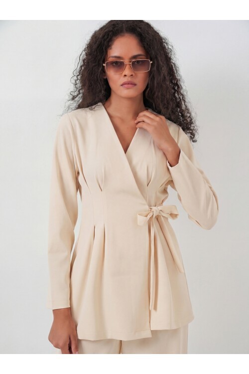 Kadın Kimono Pantolon Kumaş Takım 30054 - Bej