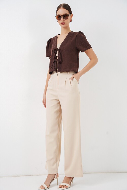 Kadın Kısa Kol Crop Bluz 958 - Kahverengi