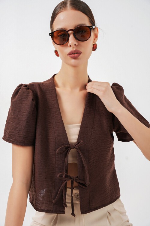 Kadın Kısa Kol Crop Bluz 958 - Kahverengi