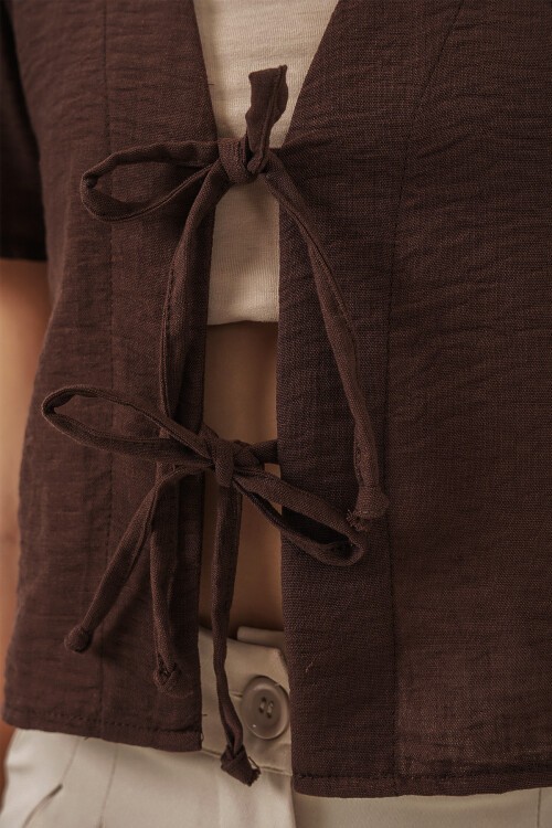 Kadın Kısa Kol Crop Bluz 958 - Kahverengi