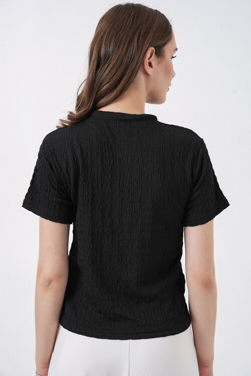 Kadın Kısa Kol Fularlı Örme Bluz 981 - Siyah