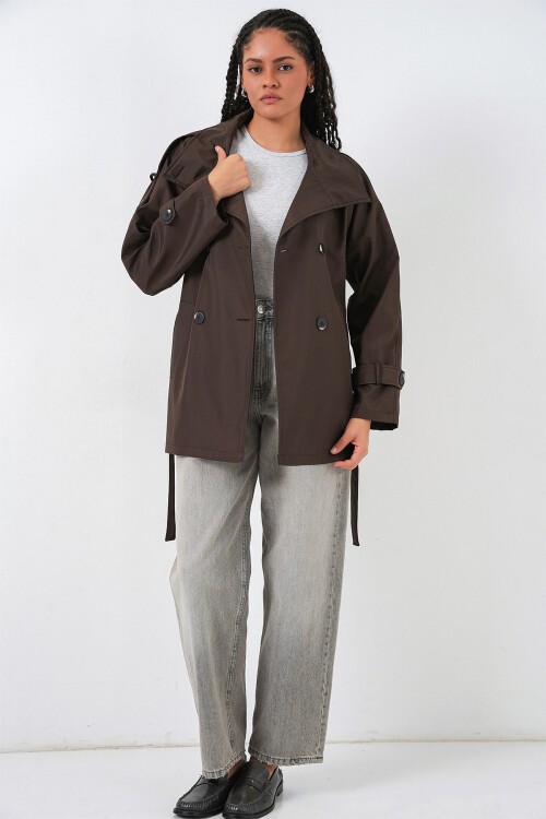 Kadın Kruvaze Yaka Kısa Trençkot 5980 - Kahverengi