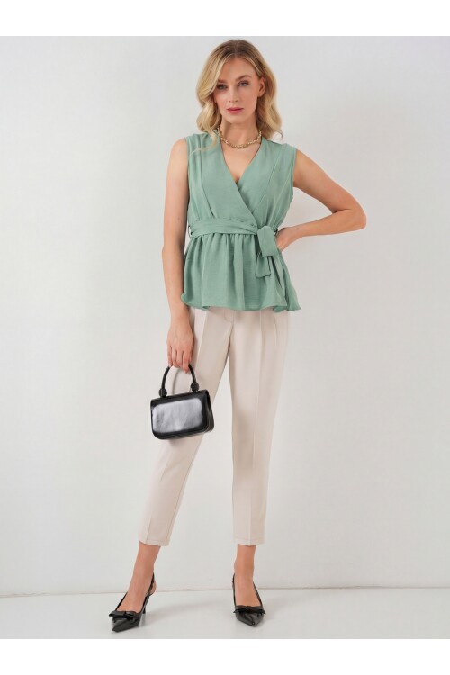 Kadın Kruvaze Yaka Kolsuz Bluz 966 - Çağla