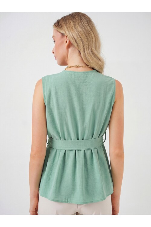 Kadın Kruvaze Yaka Kolsuz Bluz 966 - Çağla